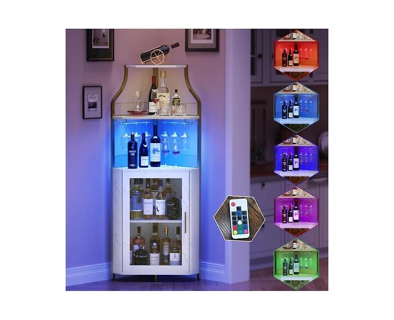 gaomon Corner Bar Cabinet with Led Lights, Industrial Liquor Cabinet with Adjustable Shelf, 5-Tier Industrial Wine Cabinet with Glass Holder, Home Bar