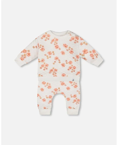 Deux par Baby Boys Printed Quilted Top And Pant Set White Pink Flowers