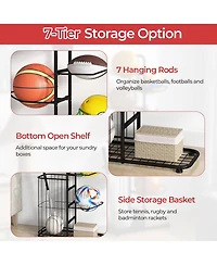 Kuyotq Metal Basketball Holder with 7 Removable Hanging Rods and Side Ball Basket
