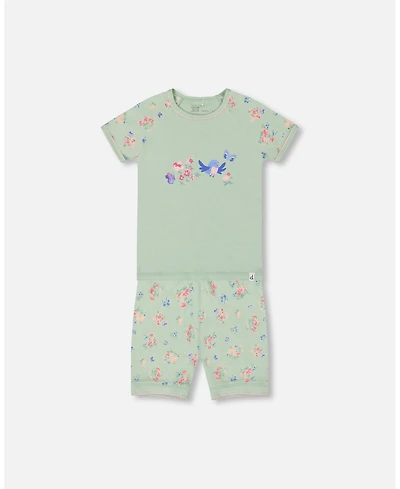 Deux par Deux Big Girls Cotton Two-Piece Short Pajama Set Small Pink And Blue Flowers On Light Sage