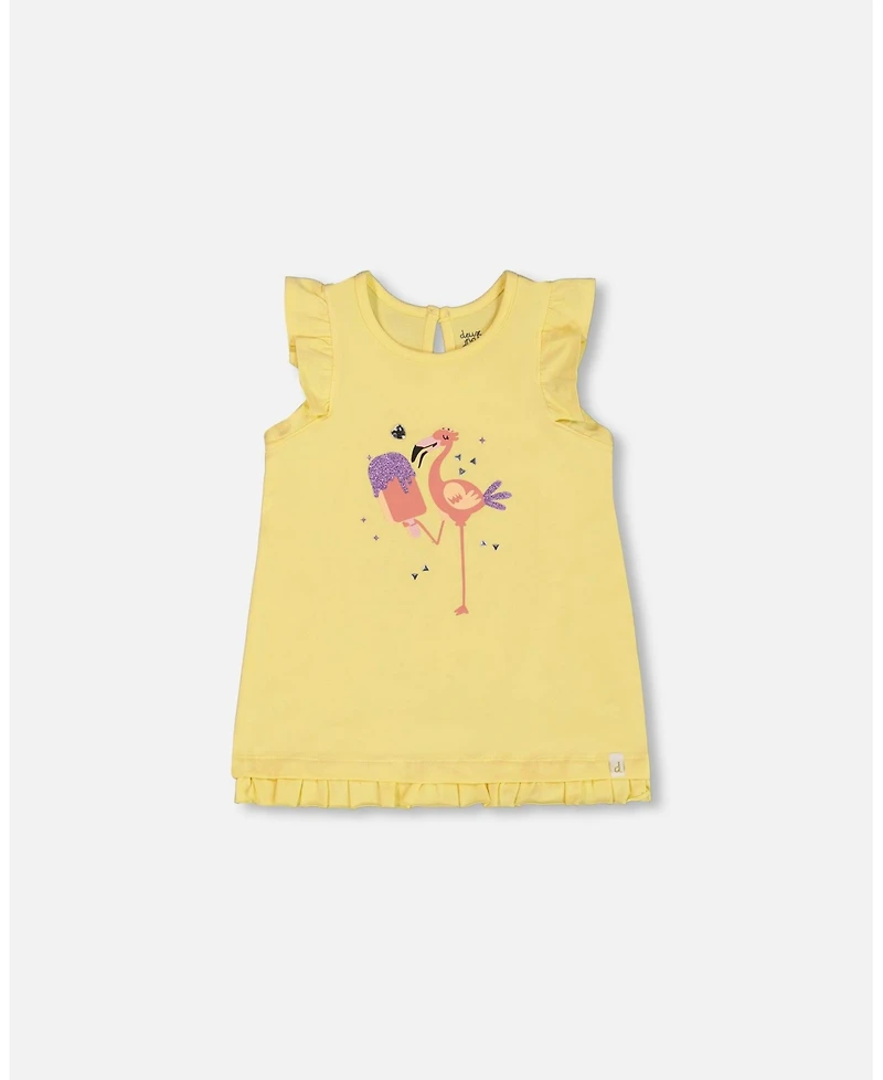 Deux par Deux Toddler Girls Cotton Tunic With Frill And Print Yellow And Flamingo - Toddler|Child