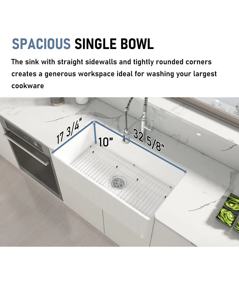 Casainc 33inch L x 18inch W Single Bowl Fireclay Farmhouse Kitchen Sink with Sink Grid