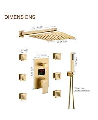 Brushed Gold Wall Mount Thermostatic Rain Shower System with Handheld Shower Shower System with Side Body Jets and Digital Display