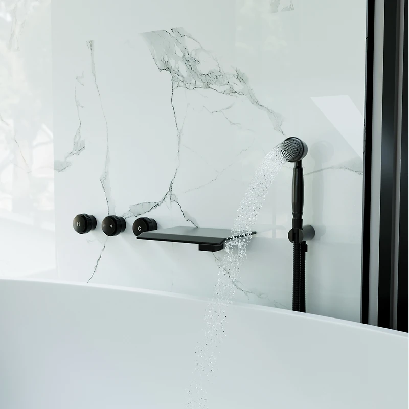 Matte Black Wall Mounted Bathtub Faucet with Handheld Shower Head Brass Wall Mounted Tub Waterfall Spout Bathtub Shower Faucet