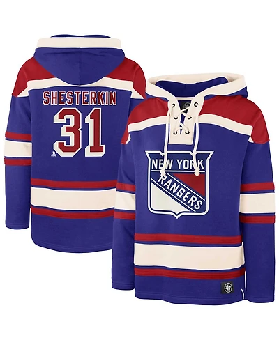 '47 Brand Men's Igor Shesterkin Blue New York Rangers Player Name Number Lacer Pullover Hoodie