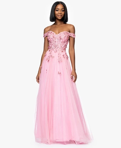 Blondie Nites Juniors' Off-The-Shoulder 3D Butterflies Gown