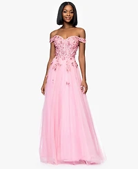 Blondie Nites Juniors' Off-The-Shoulder 3D Butterflies Gown
