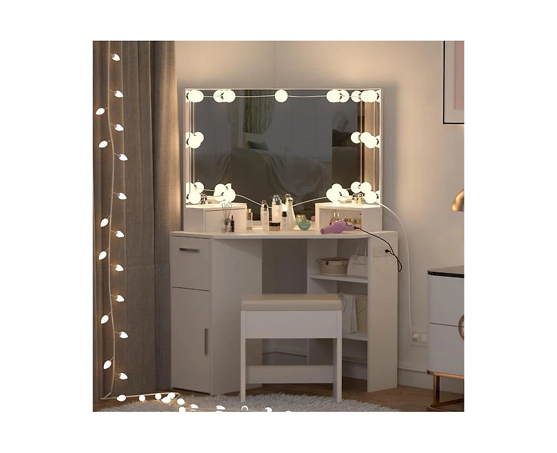 gaomon Corner Vanity Mirror with Lights and Table Set & Power Outlet, Makeup Vanity Table with Lights with 2 Drawers & Stool