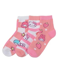 Hello Kitty Women's Friends Character Print 3-Pair Casual Quarter Crew Socks