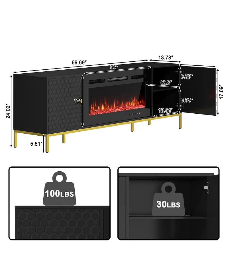 70 inches Mdf Tv Stand with 36 Fireplace and Storage Cabinets