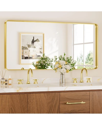 Keonjinn 40x24 Inch Brushed Gold Bathroom Vanity Mirror Tempered Glass Metal Framed