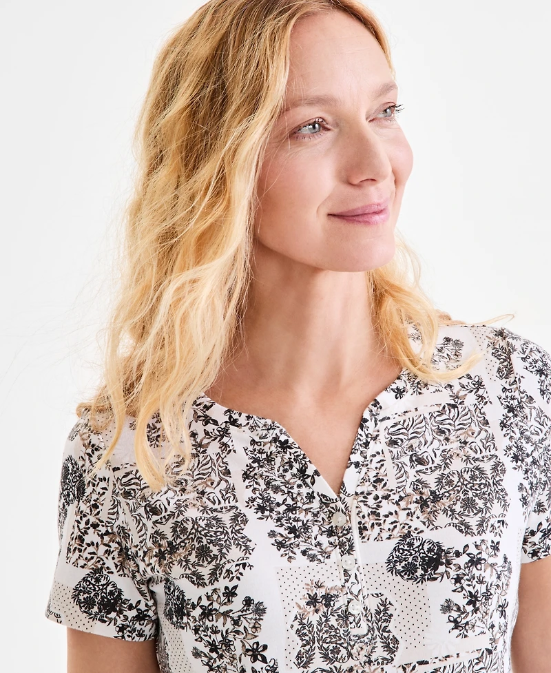 Style & Co Women's Printed Short-Sleeve Henley T-Shirt, Exclusively at Macy's