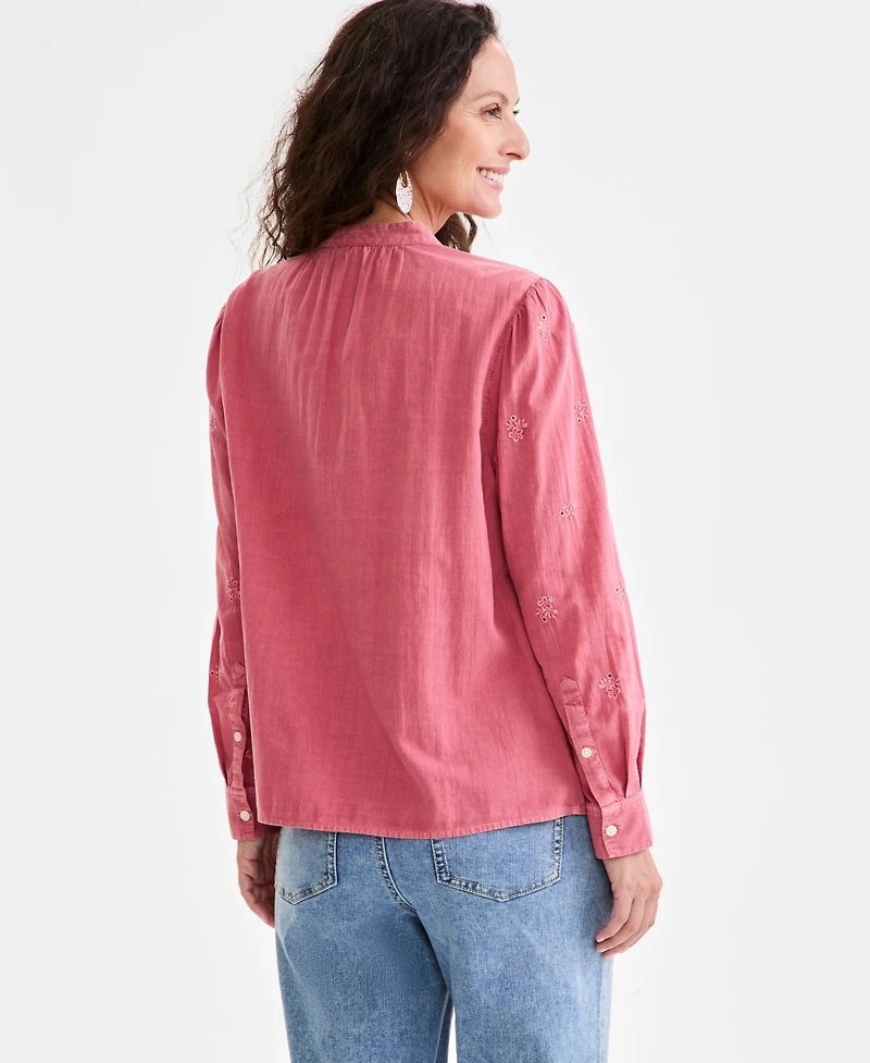 Style & Co Women's Embroidered Cotton Button-Front Top, Exclusively at Macy's
