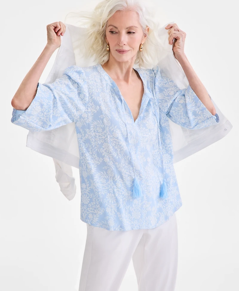 Style & Co Petite Floral Medallion Easy Split-Neck Blouse, Exclusively at Macy's
