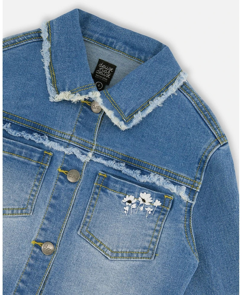 Deux par Deux Girl Frayed Denim Jacket With Embroidery Jeans Blue - Toddler|Child