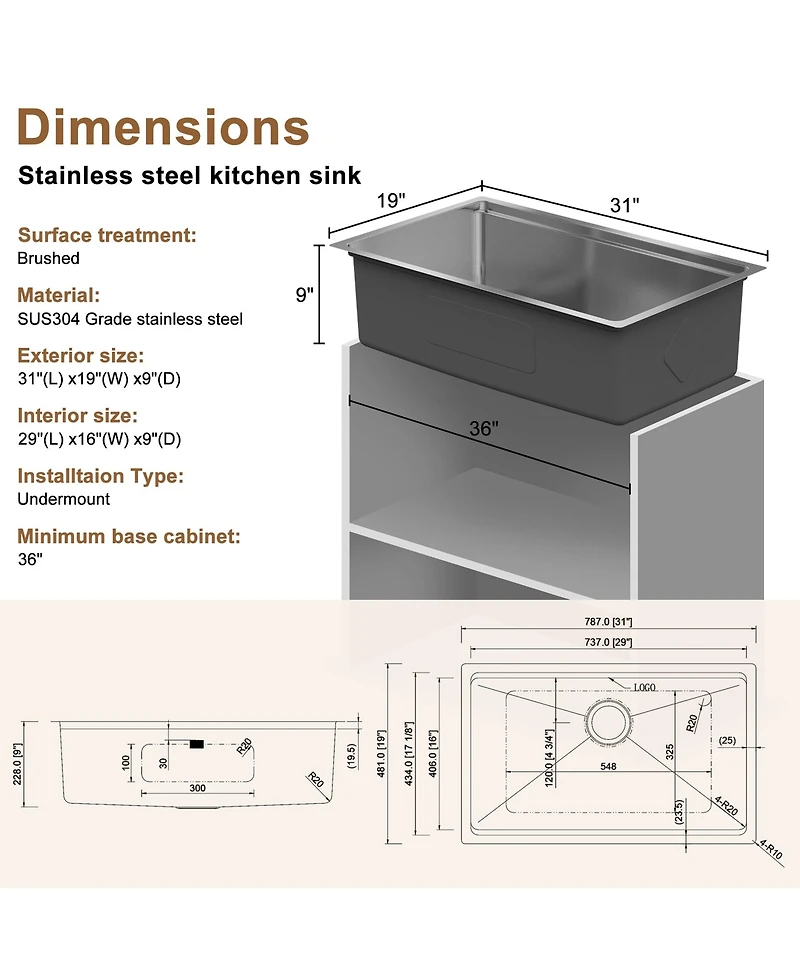 Casainc 31inch L x 19inch W Undermount Kitchen Sink with Accessories