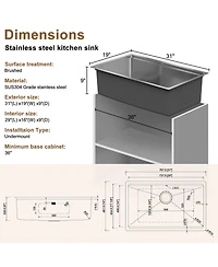 Casainc 31inch L x 19inch W Undermount Kitchen Sink with Accessories