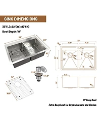 Casainc 33inch L x 22inch W Double Basin Drop-in Kitchen Sink with Accessories