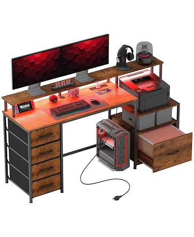 67" Computer Desk Home Office Desk with File Cabinet Lights