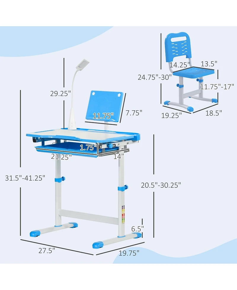 Qaba Kids Desk and Chair Set with Tilt Desktop, Storage Drawer,