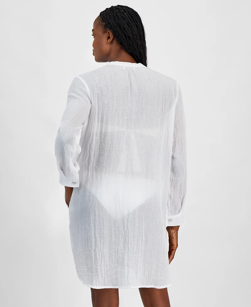 J Valdi Women's Big Shirt Button-Front Long-Sleeve Swim Cover-Up