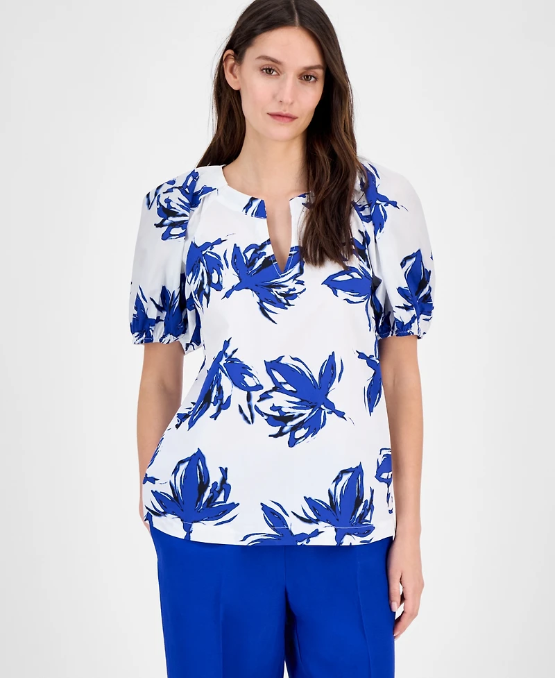 Anne Klein Women's Cotton Printed Puff-Sleeve Blouse, Created for Macy's