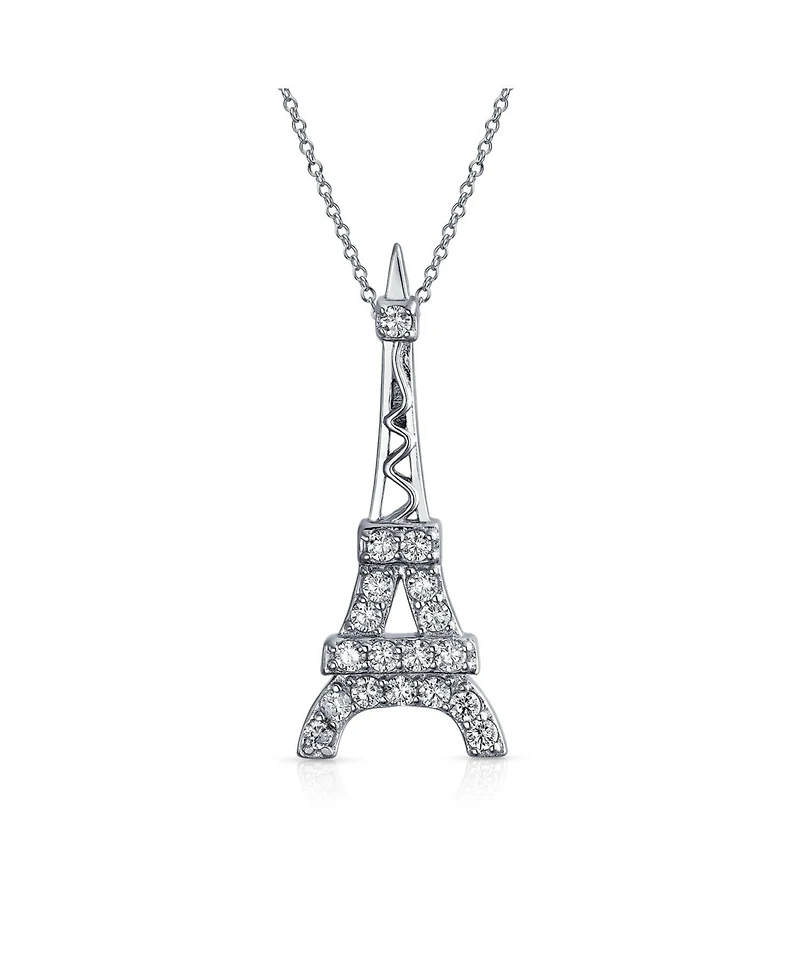 Bling Jewelry Eiffel Tower Pendant Necklace with Cubic Zirconia Pave on Sterling Silver
