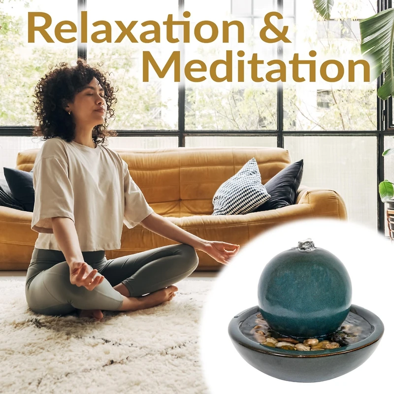 Indoor Home Decorative Smooth Glazed Ceramic Orb Tabletop Water Fountain Feature - 7" - Teal