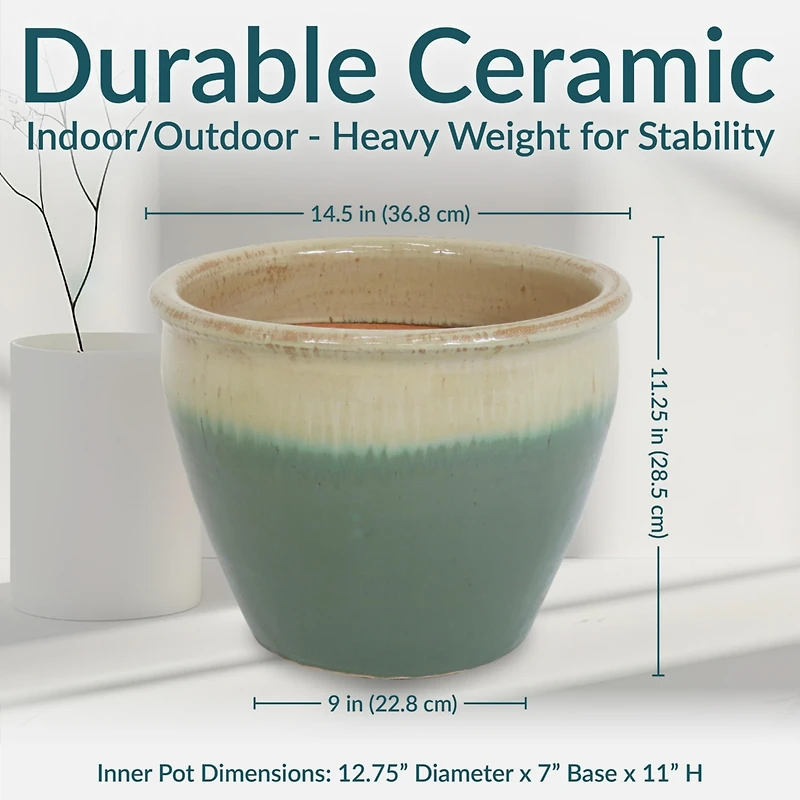 Large Ceramic Planter - Indoor or Outdoor Plant Pot with Drainage Holes - Seafoam Glaze Finish - 15" - Chalet
