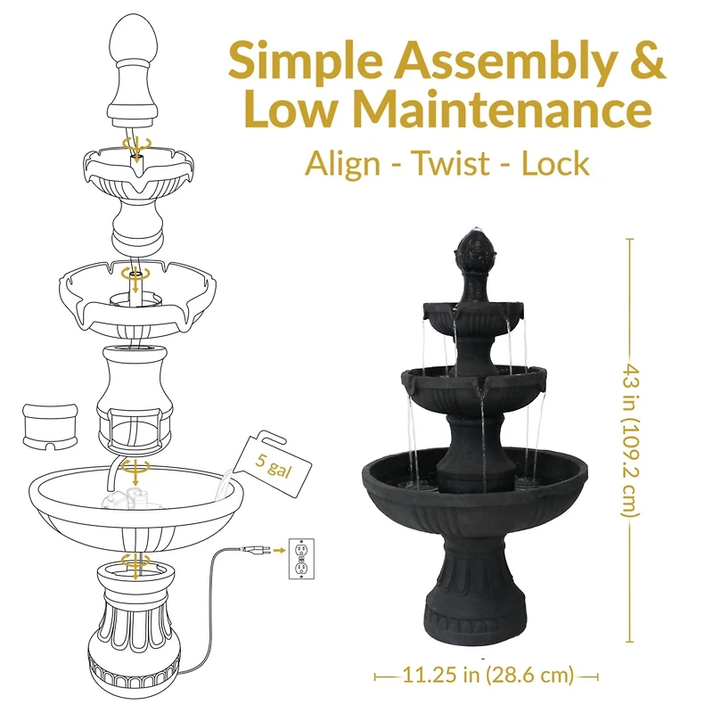 43"H Electric Fiberglass and Resin 3-Tier Flower Blossom Outdoor Water Fountain