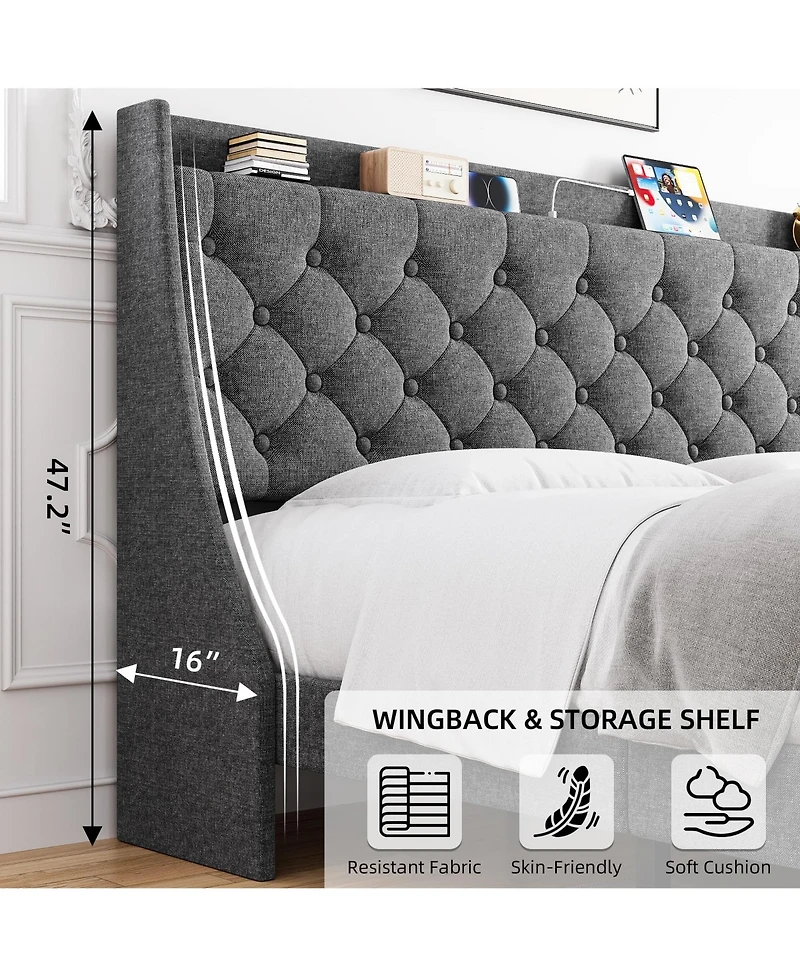 gaomon King Size Bed Frame with Upholstered Wingback Headboard, Luxurious Linen Upholstery Platform Bed with Charging Station