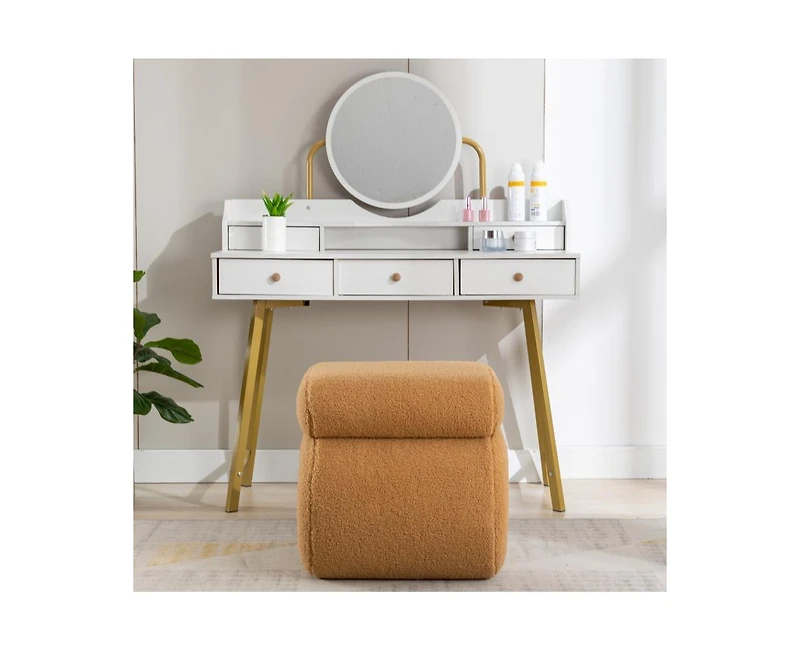 Modern S-Shape Makeup Stool, Teddy Fabric Upholstered Footstool, Comfy Ottoman for Bedroom, Living Room, and Dressing Table-The Pop Home
