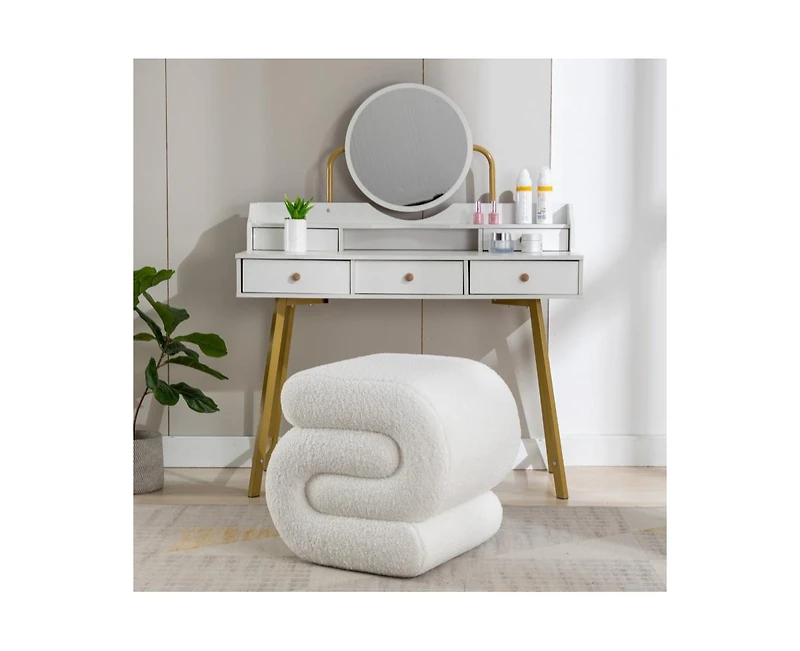 Modern S-Shape Makeup Stool, Teddy Fabric Upholstered Footstool, Comfy Ottoman for Bedroom, Living Room, and Dressing Table-The Pop Home