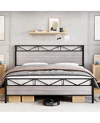 gaomon Queen Bed Frame, Metal Platform Bed Frame with Rustic Wood Headboard