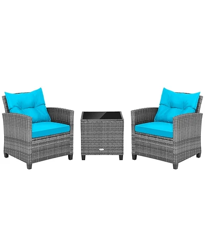 Gouun 3 Pieces Outdoor Wicker Conversation Set with Tempered Glass Tabletop