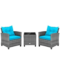 Gouun 3 Pieces Outdoor Wicker Conversation Set with Tempered Glass Tabletop