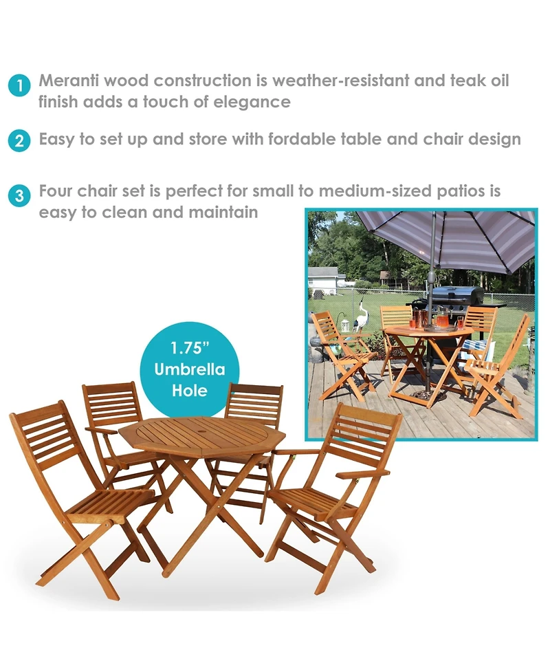Outdoor Meranti Wood with Teak Oil Finish Folding Patio Dining Table and Chairs - Brown - 5pc