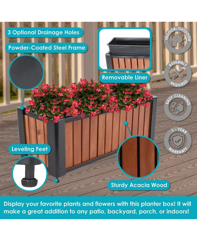 Acacia Wood Slatted Planter Box with Removable Insert - 24" W x 8.25" D x 8.75" H