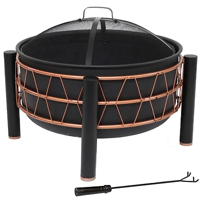 Steel Fire Pit with Bronze Trapezoid Pattern and Pvc Cover - 24.5" Round - Black