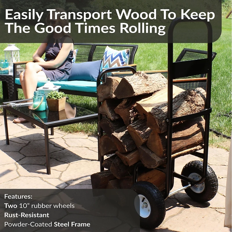 Indoor/Outdoor Steel Rolling Firewood Log Cart Carrier with Wheels - 1/8 Face Cord - Black