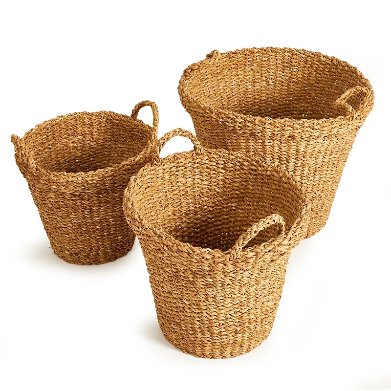 Seagrass Tapered Baskets With Handles And Cuffs Set of 3