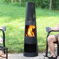 Outdoor Backyard Heavy-Duty Steel Modern Wood-Burning Fire Pit Chiminea with Built-In Log Storage - 49" - Black