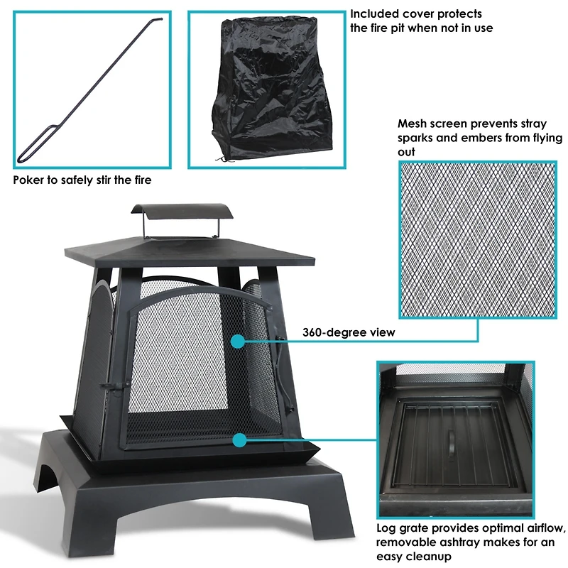 Outdoor Camping or Backyard Steel Pagoda Style Fire Pit with Log Poker and Wood Grate - 32" - Black