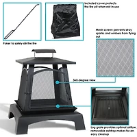 Outdoor Camping or Backyard Steel Pagoda Style Fire Pit with Log Poker and Wood Grate - 32" - Black
