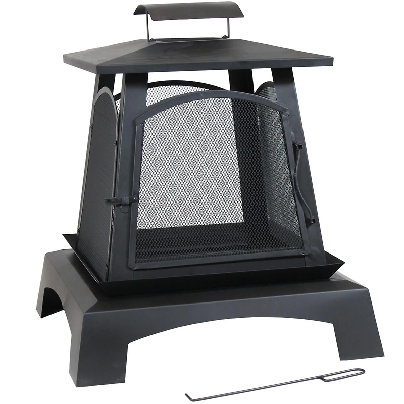 Outdoor Camping or Backyard Steel Pagoda Style Fire Pit with Log Poker and Wood Grate - 32" - Black