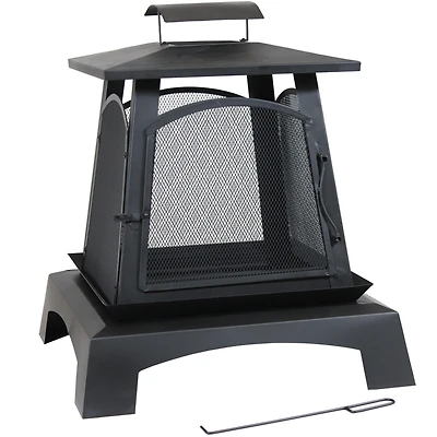 Outdoor Camping or Backyard Steel Pagoda Style Fire Pit with Log Poker and Wood Grate - 32" - Black