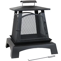 Outdoor Camping or Backyard Steel Pagoda Style Fire Pit with Log Poker and Wood Grate - 32" - Black