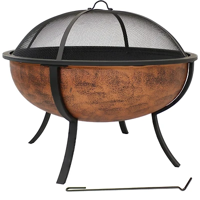 Outdoor Portable Camping or Backyard Large Round Fire Pit Bowl with Spark Screen, Wood Grate, and Log Poker - 32" - Copper Finish