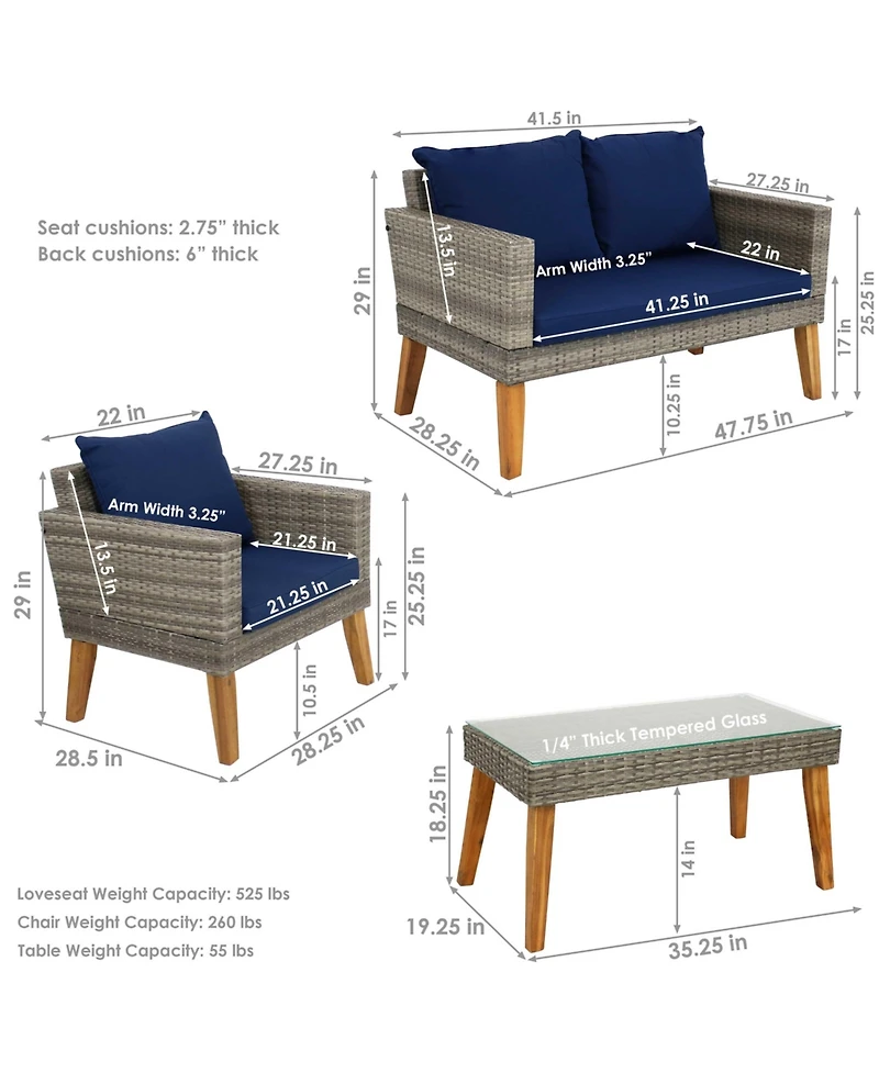 Outdoor Rattan and Acacia Wood Clifdon Patio Furniture Set with Loveseat, Chairs, Table, and Seat Cushions - Navy Blue - 4pc