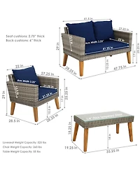 Outdoor Rattan and Acacia Wood Clifdon Patio Furniture Set with Loveseat, Chairs, Table, and Seat Cushions - Navy Blue - 4pc